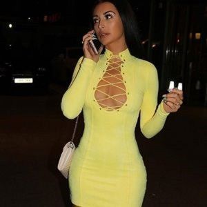 Oh Polly Yellow Faux Suede Bodycon Dress SZ 0 Plunging Lace Up Cocktail Sexy